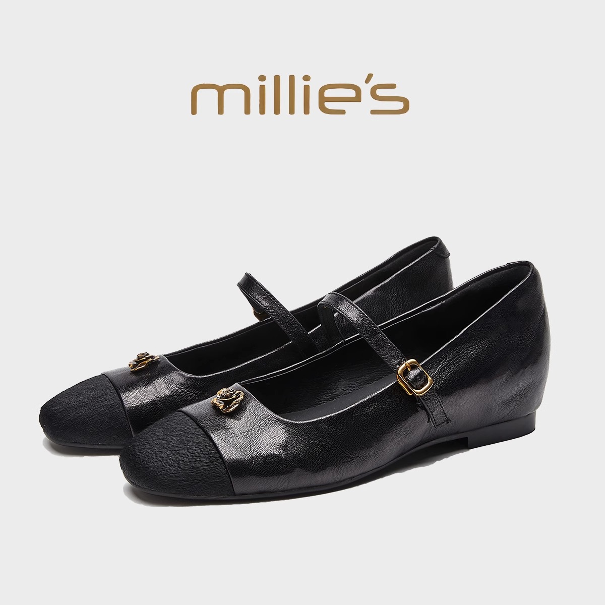 妙丽女鞋 圆头平底山茶花一字扣带时尚浅口单鞋 2025春夏新款￥