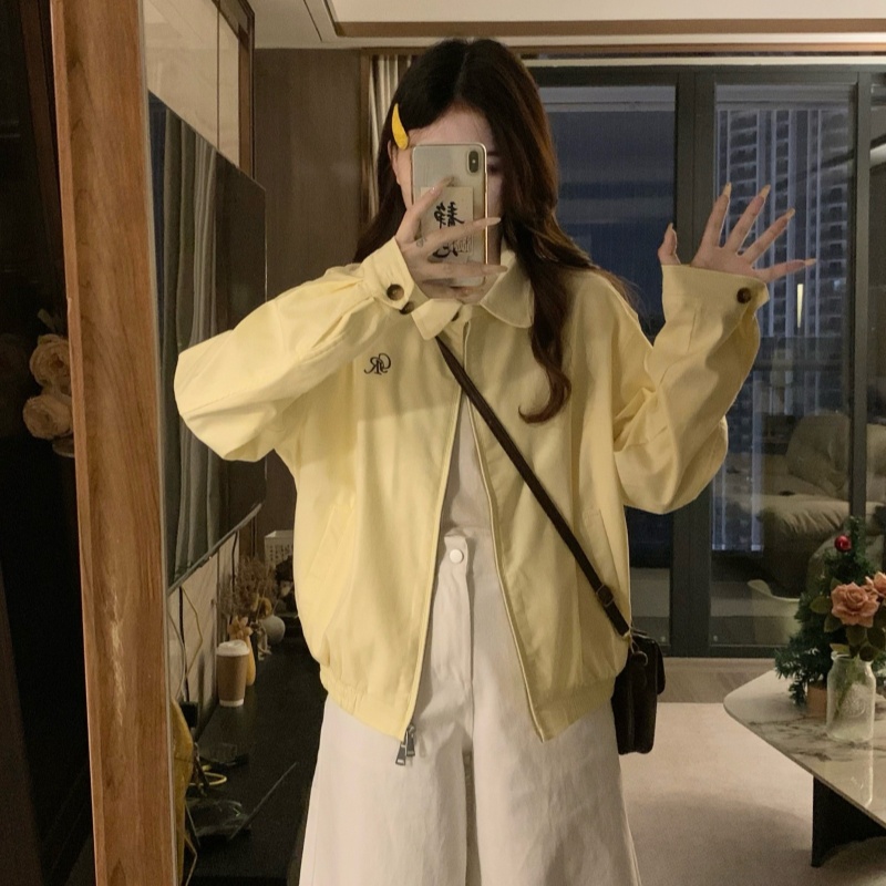 檬黄纽扣翻领外套女春秋休闲百搭夹克新款上衣哈灵顿基础通勤外套