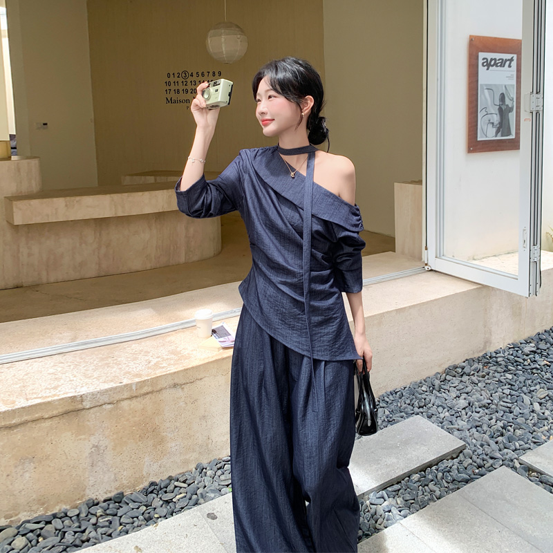 纯欲系性感斜肩套装裤2025春秋新款复古氛围感老钱风辣妹风两件套