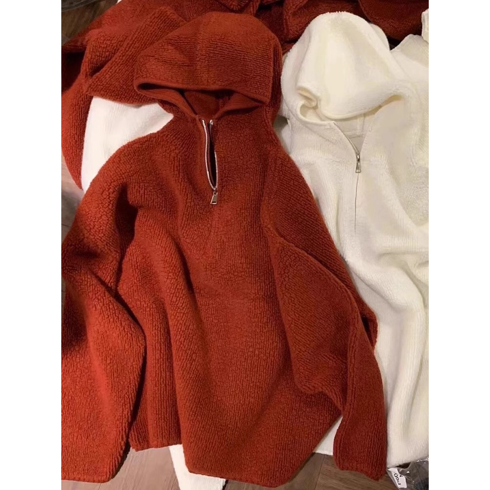 CHAO推荐！红色圈圈纱半拉链连帽毛衣女秋冬宽松慵懒软糯针织卫衣