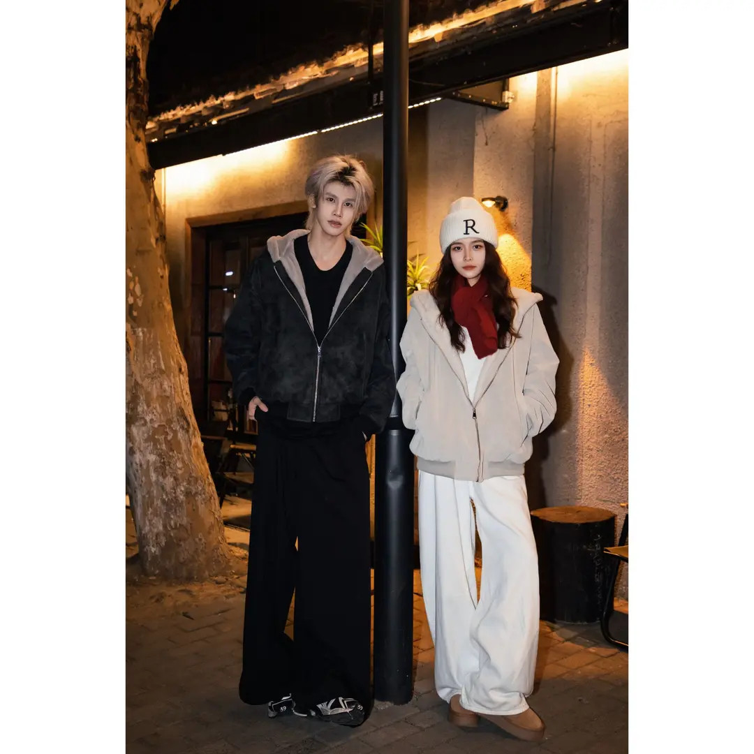 UEVRGM冬季新款大理石座山连帽绒毛刺绣外套开衫上衣棉服夹克