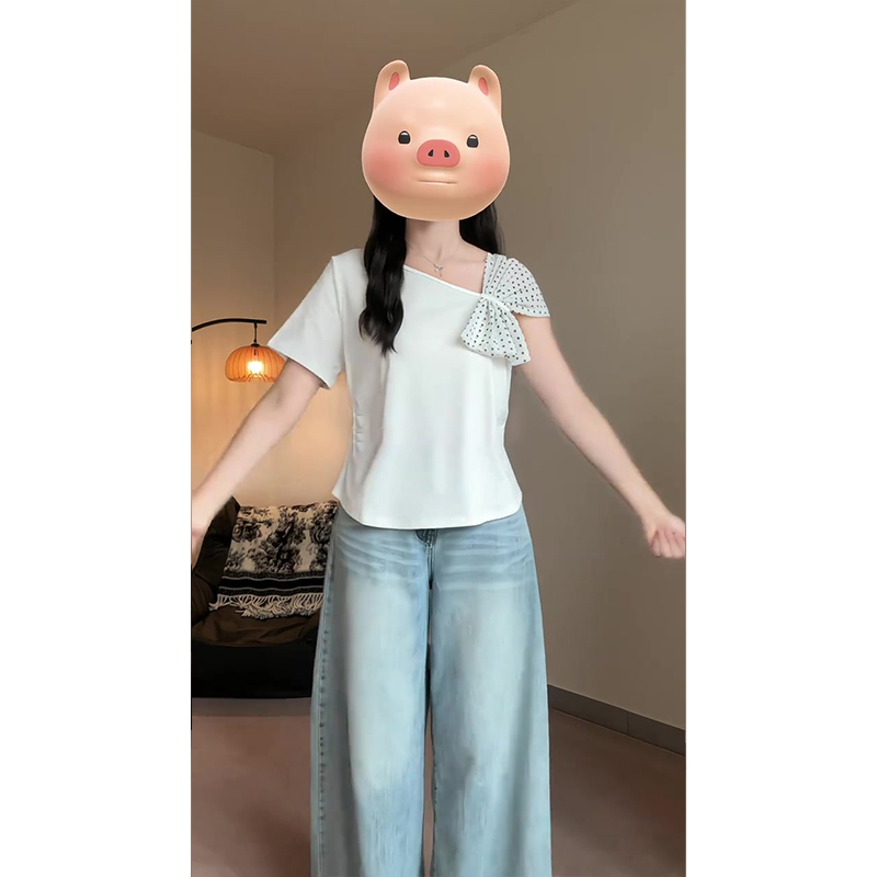 大码时尚女装夏季新款网红遮肉显瘦蝴蝶结上衣设计感褶皱短袖T恤