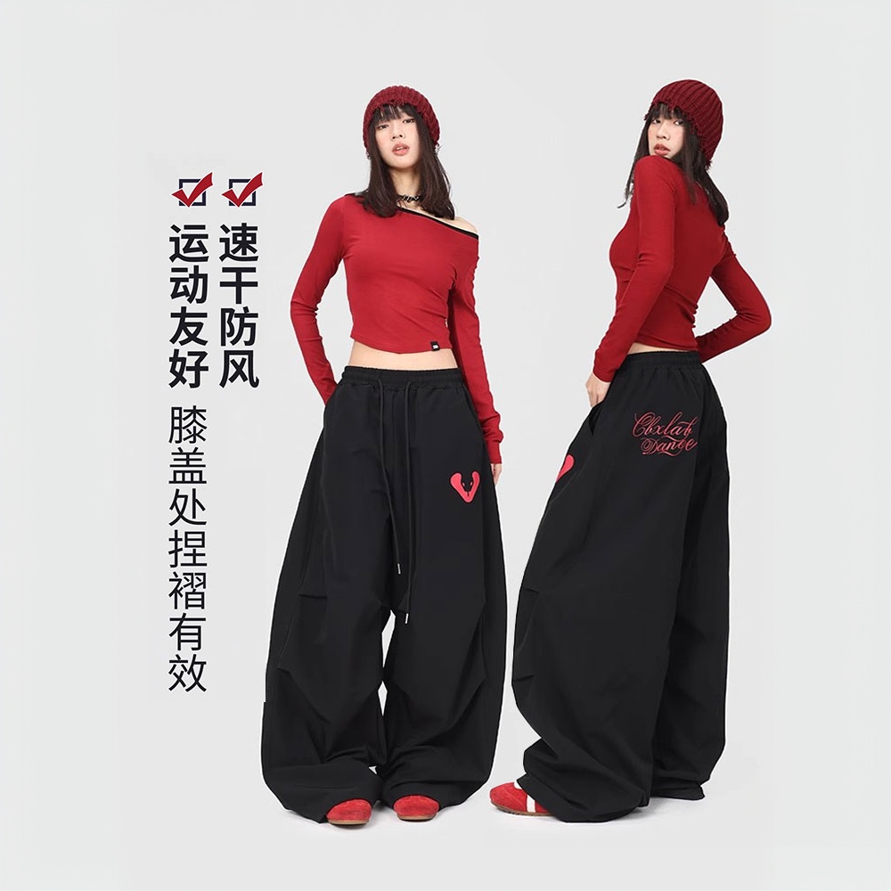 夏季薄款三褶皱香蕉长裤女宽松运动裤美式街头CBX街舞潮牌休闲裤