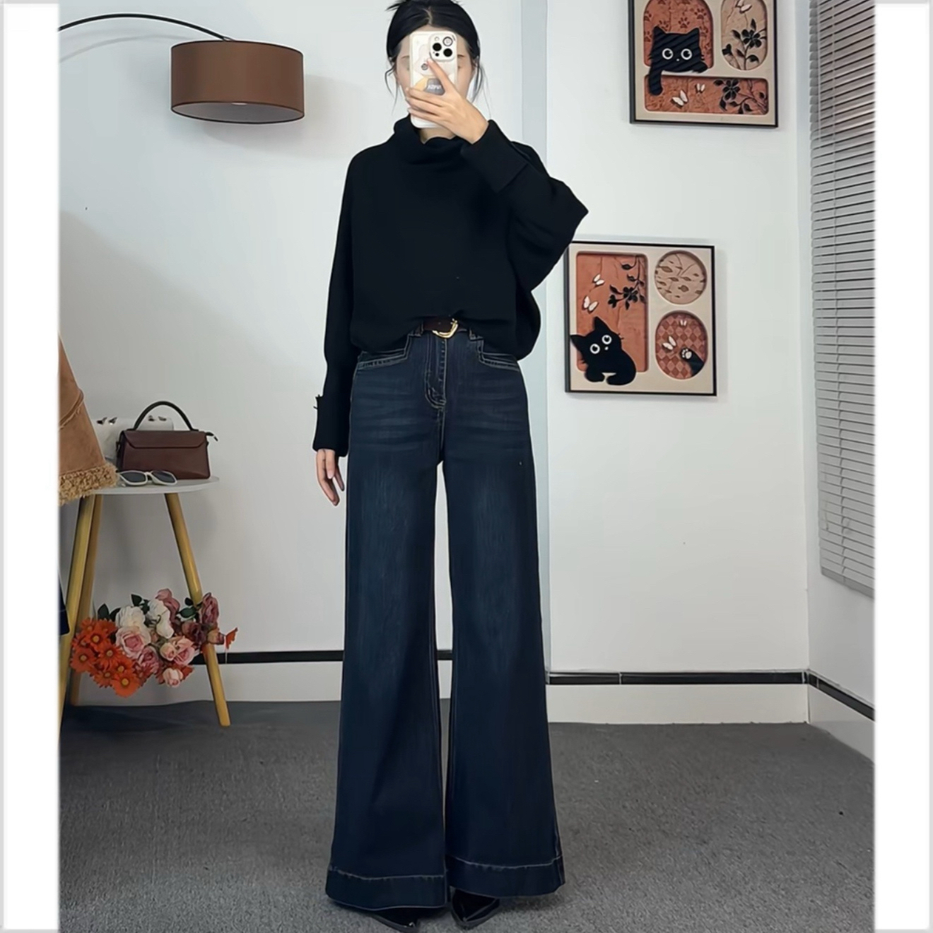 蓝黑秋冬高腰显瘦不贴腿加绒牛仔阔腿裤女休闲百搭直筒喇叭裤长裤