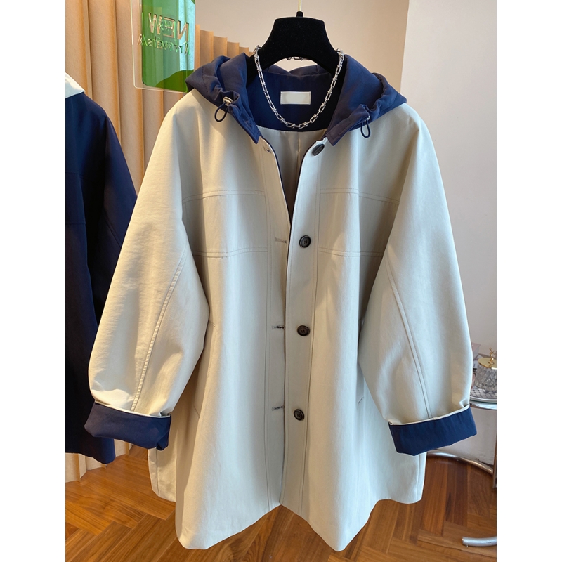 韩国撞色拼接连帽风衣女中长款2025春装新款宽松显瘦高级感上衣潮