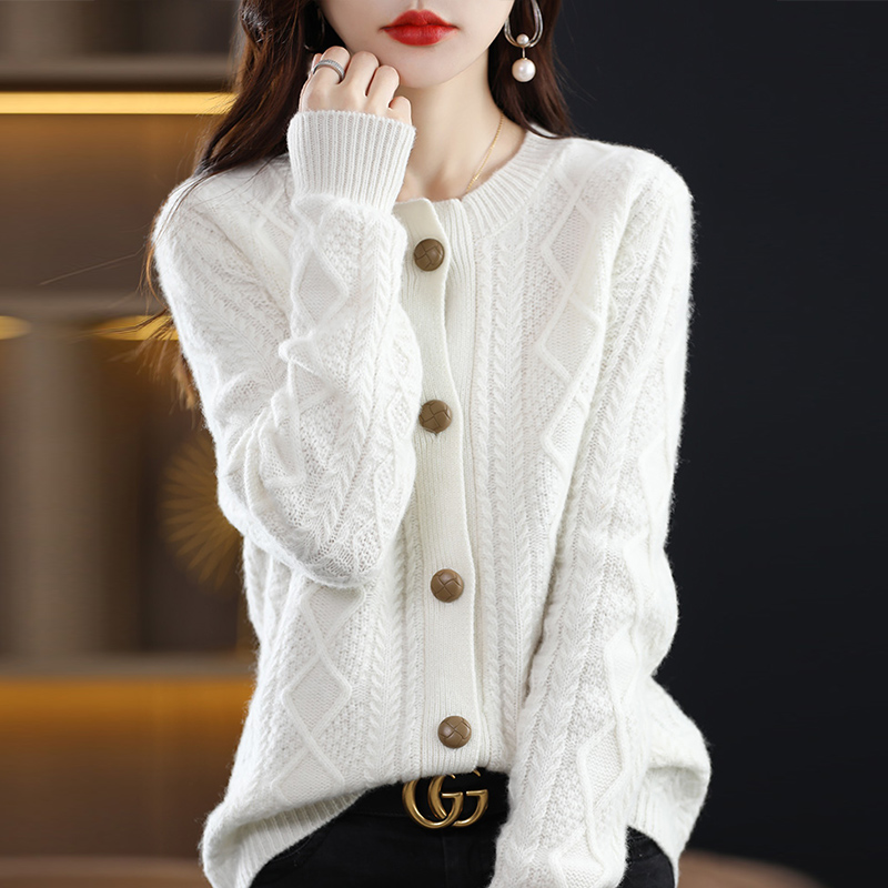 2025新款羊毛衫针织开衫女春秋宽松显瘦圆领毛衣外套专柜正品