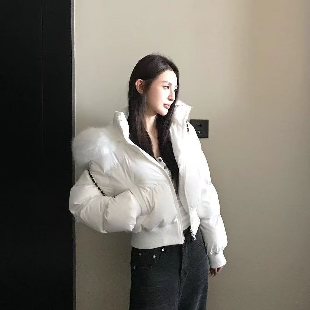 【90绒】白鸭绒韩版短款连帽大毛领显瘦收腰小个子加厚羽绒服外套女
