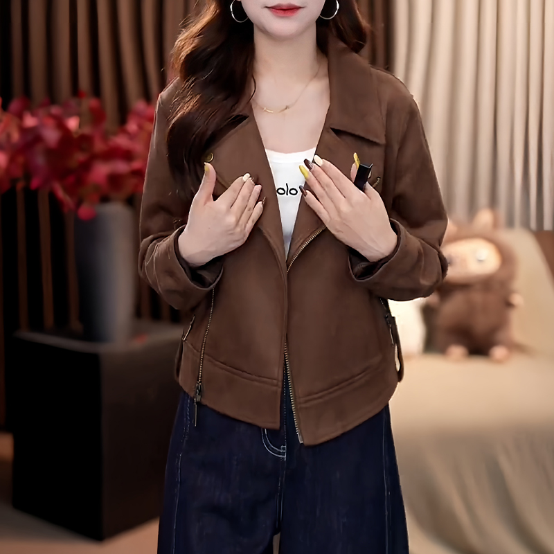 韩版复古时髦翻领简约长袖短外套女2025年秋季轻奢风夹克开衫上衣