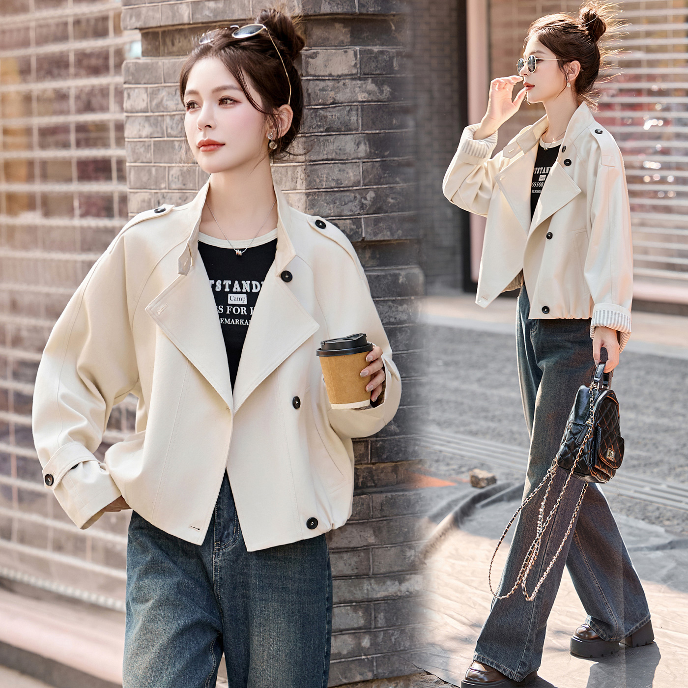 韩系休闲小个子超好看立领短外套女双排扣小个子设计感夹克外套