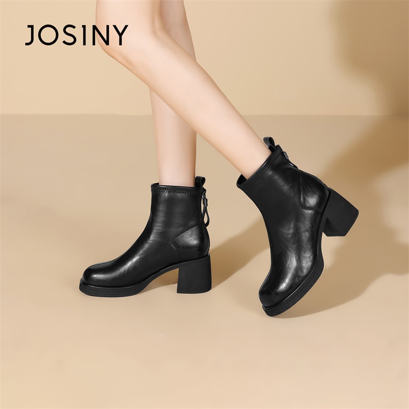 卓诗尼黑色厚底增高短靴女2025冬季新款方头中跟复古软底百搭靴子