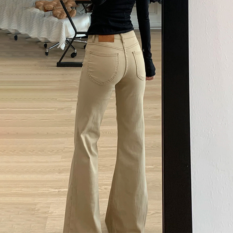 卡其色低腰微喇牛仔裤女2025秋季新款辣妹显瘦不贴腿马蹄喇叭裤子