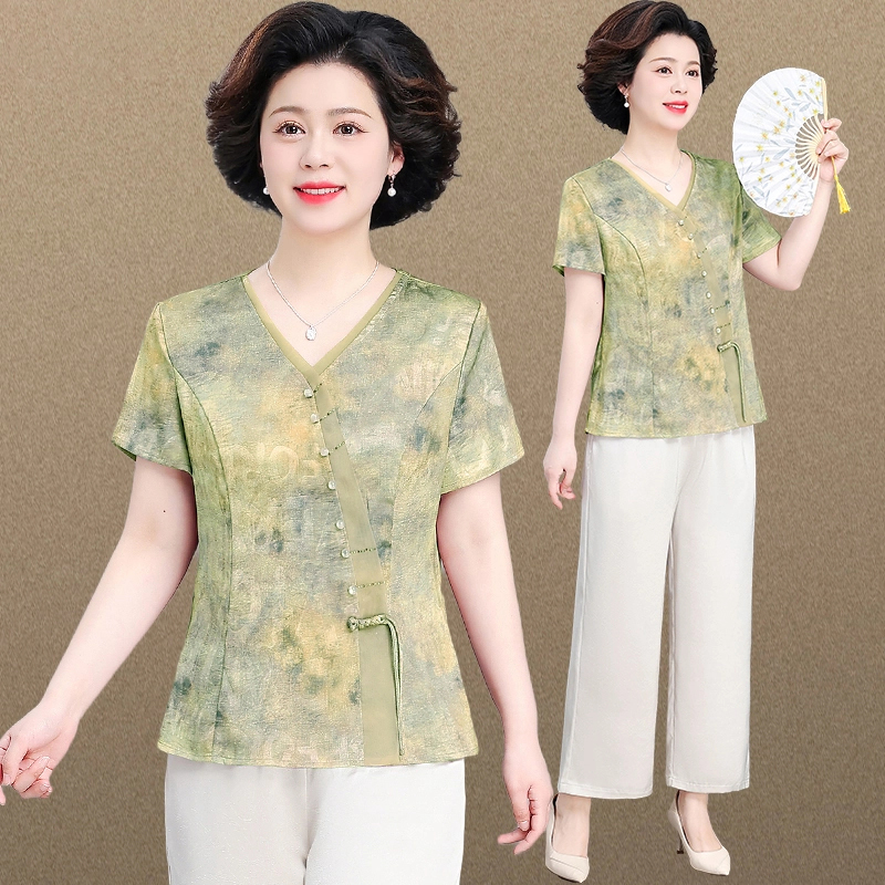 中老年妈妈夏装薄款新中式套装洋气上衣裤子两件套女春夏V领衬衫