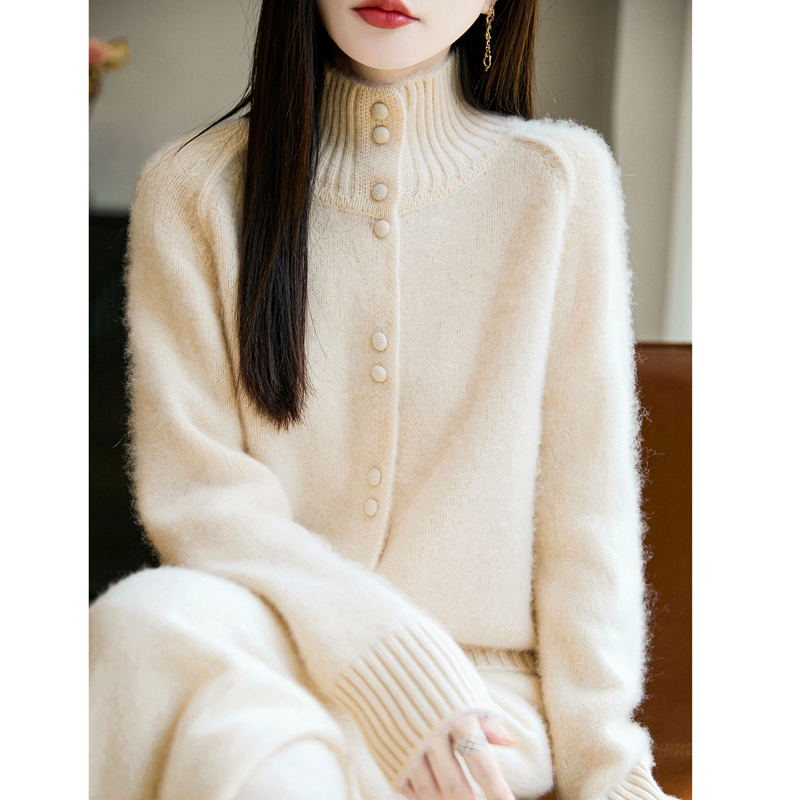 羊毛常规款长袖常规荷叶边针织衫半高领上衣开衫网红