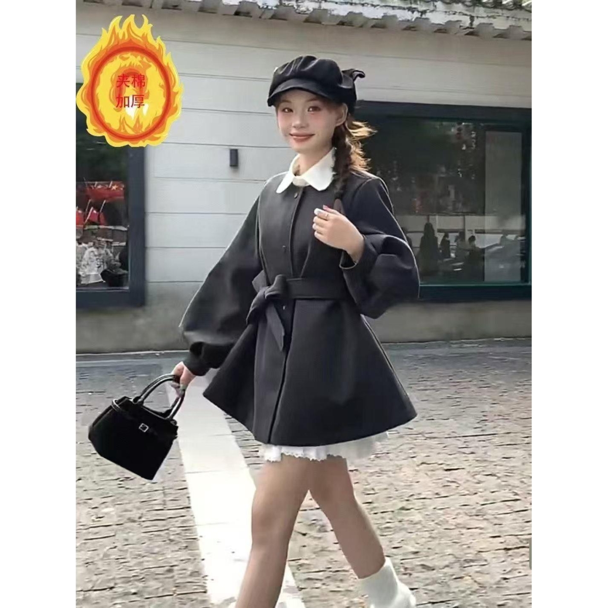 冬季圆领加厚毛呢外套女2025秋冬保暖显瘦灯笼袖小个子大衣爆款