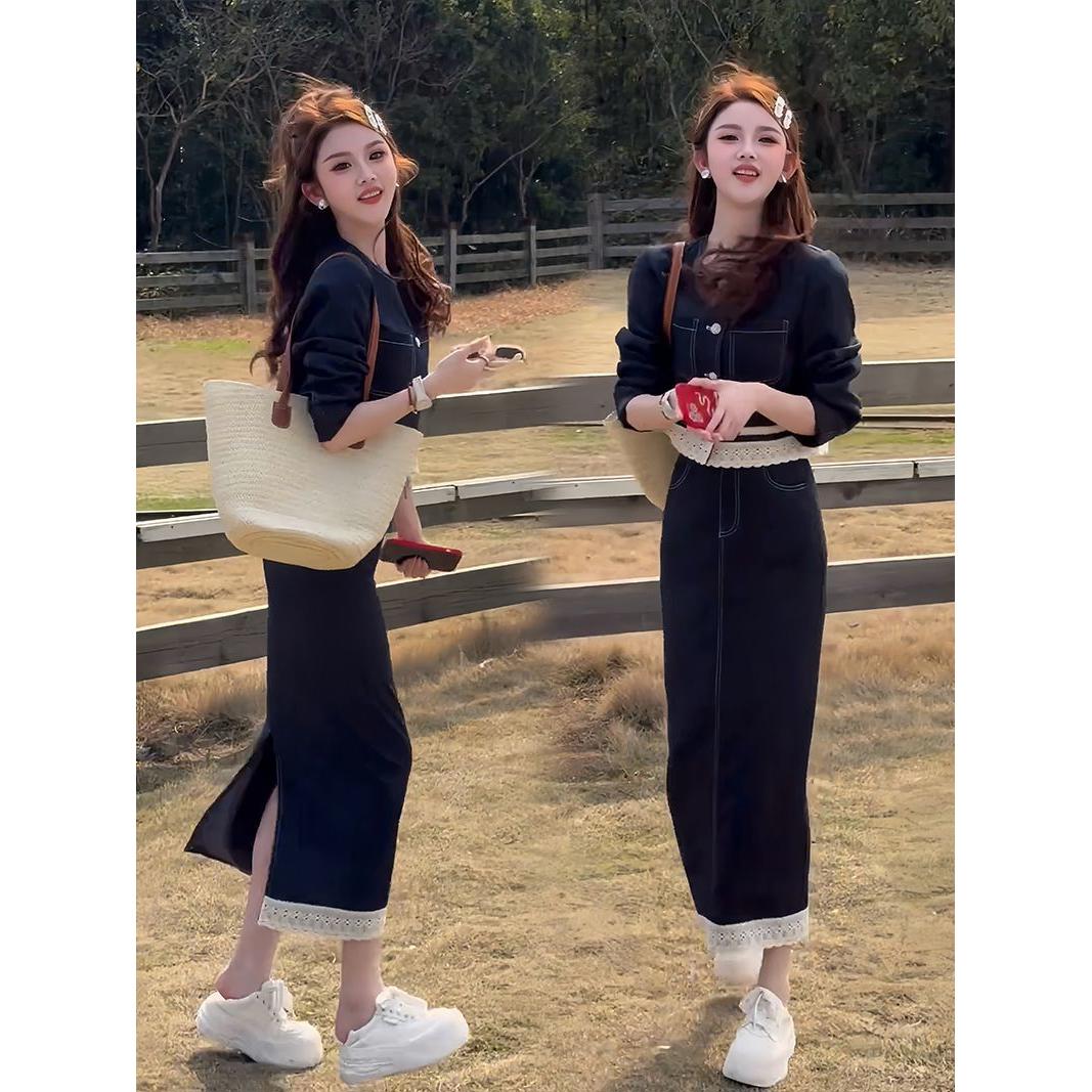 【1038人收藏】2025秋季新款时尚韩版套装女别致蕾丝拼接长袖上衣