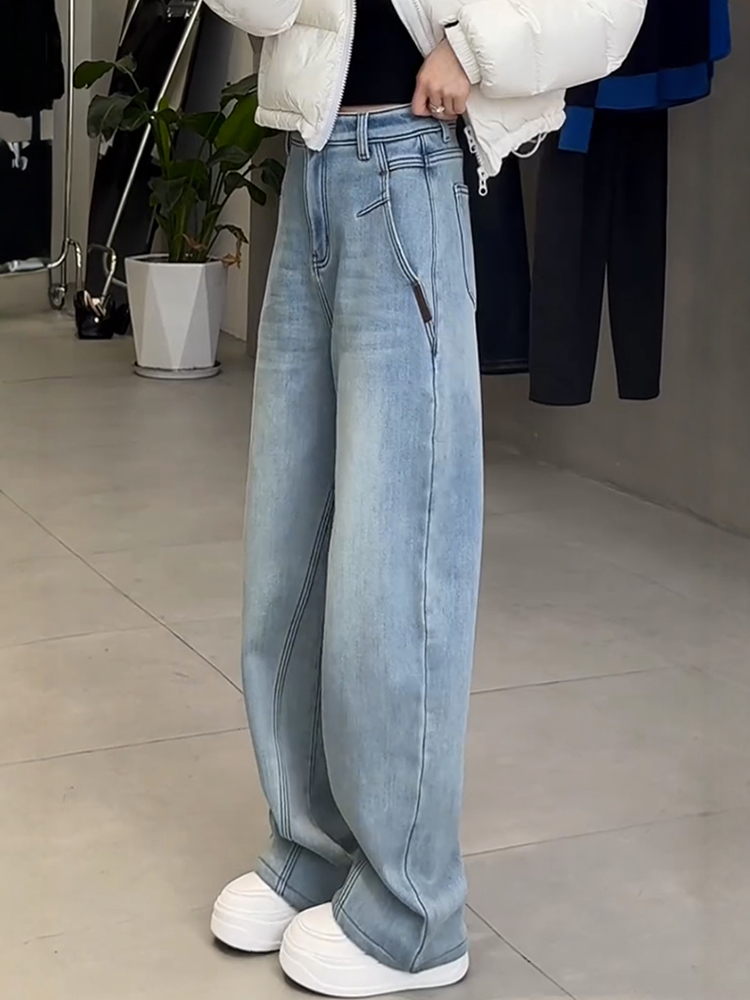 秋冬新款加绒加厚大码弯刀直筒拖地梨形身体显瘦高腰阔腿牛仔裤