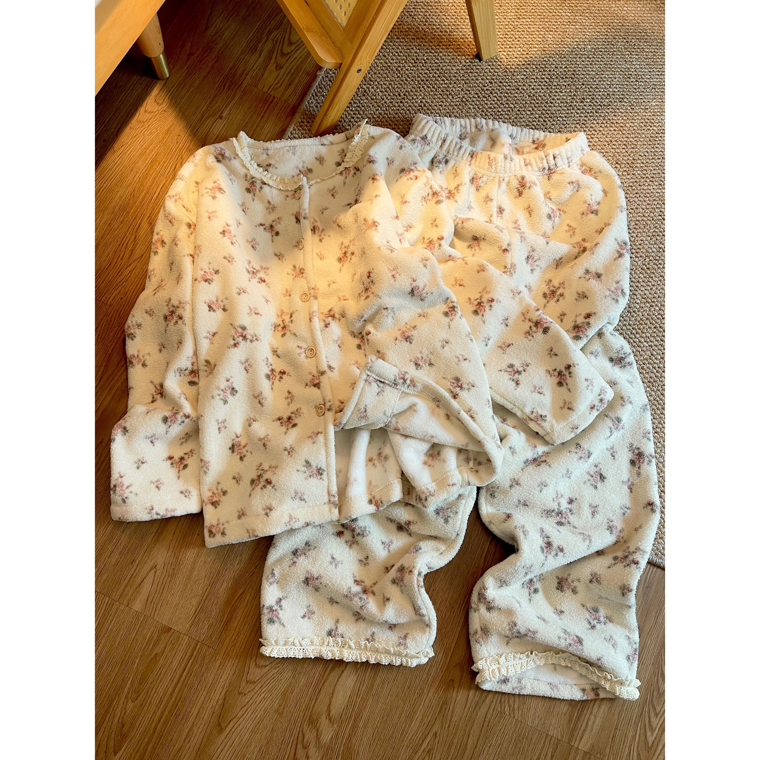 2025秋冬田园小碎花花边领加绒加厚家居服宽松休闲系扣开衫睡衣女