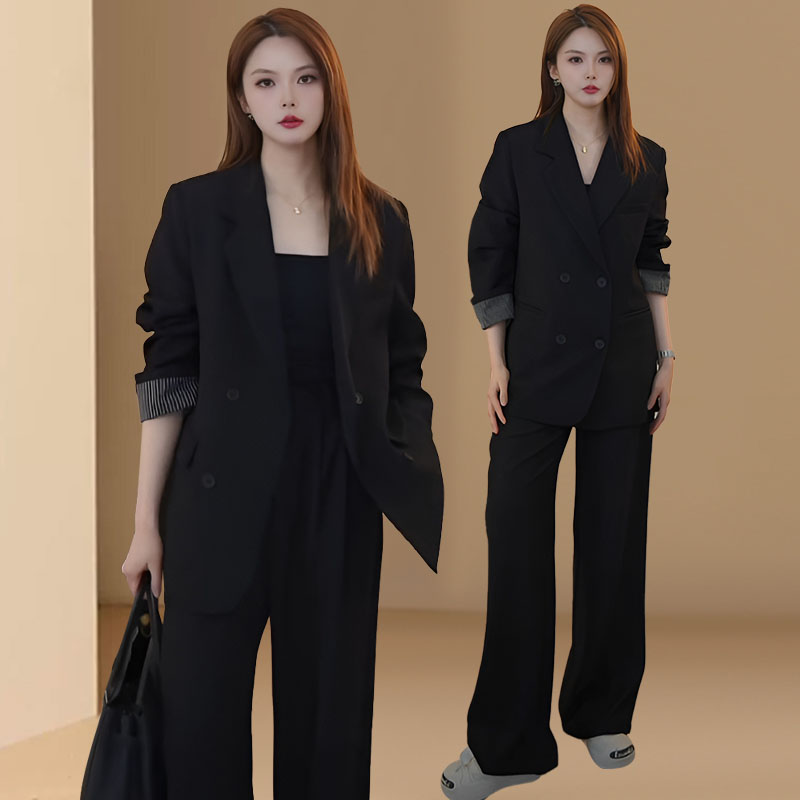 韩系黑色外套春秋2025新款高级感宽松小个子西服上衣阔腿裤两件套