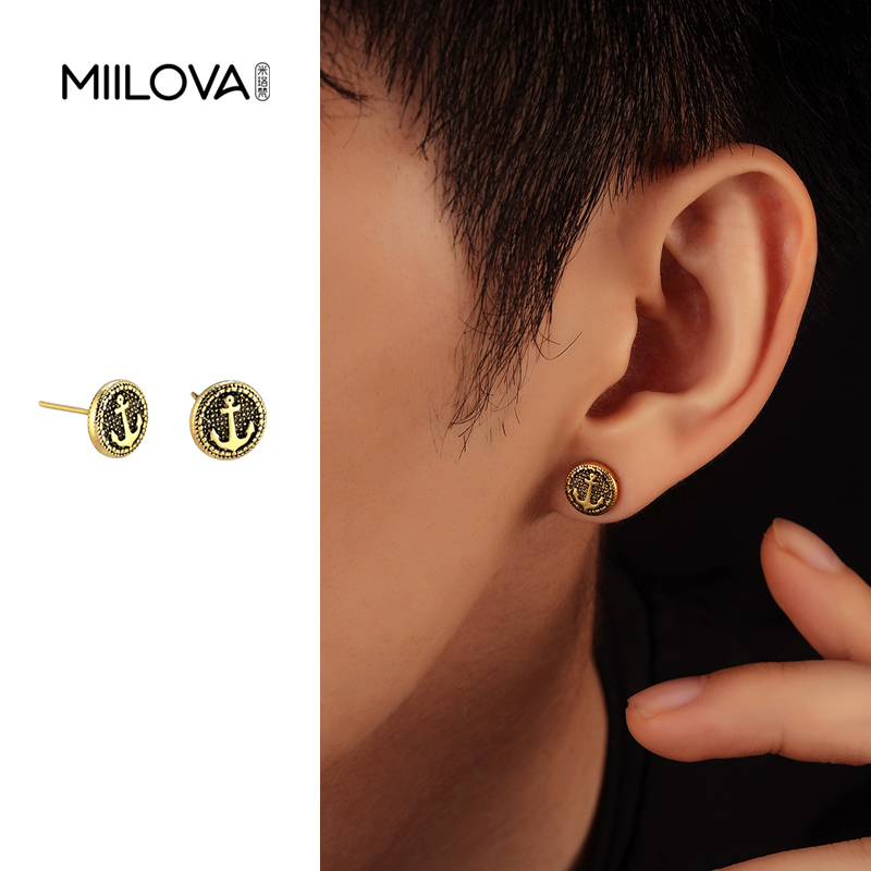 纯铜耳饰 爆款船锚船勾耳钉男生潮流圆形耳环男女简约耳饰品复古