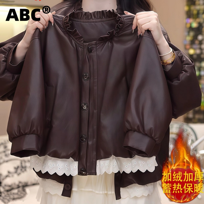ABC女童秋冬皮衣外套2025新款女孩韩版加厚皮夹克儿童加绒上衣l