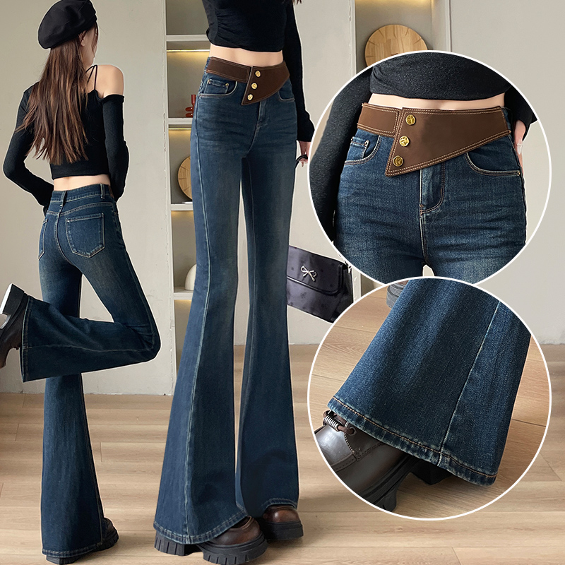蜜蜜穿搭喇叭裤女修身高腰牛仔裤冬季加绒修身梨型微喇拖地裤子