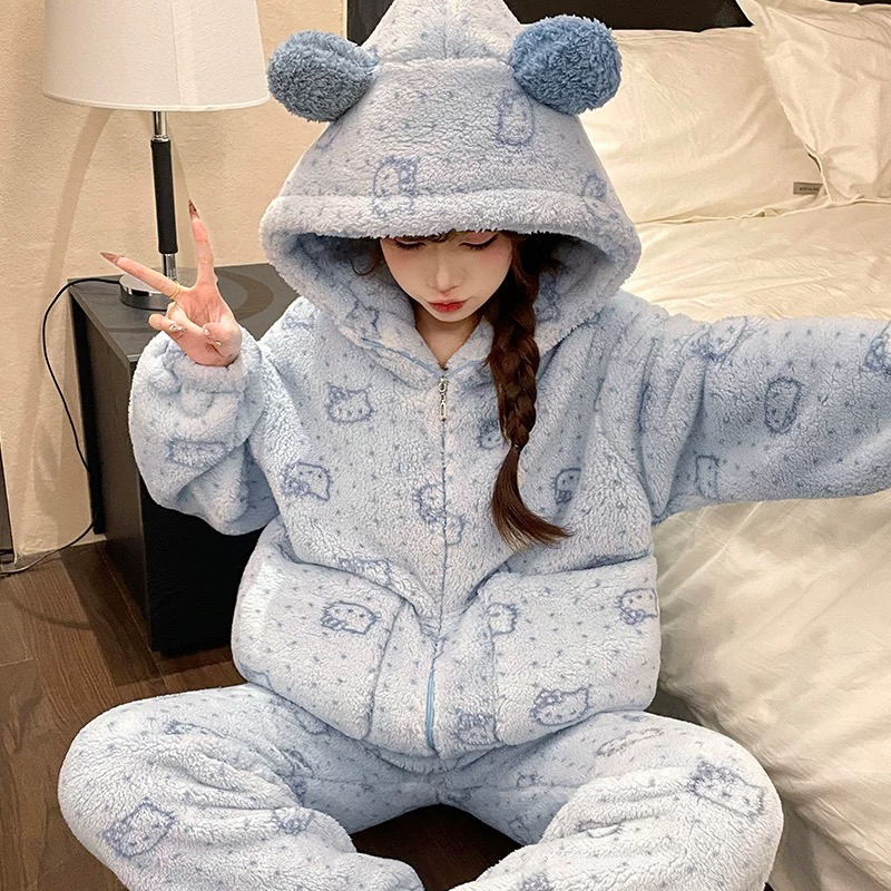 2025新款Kitty猫睡衣女秋冬季天加绒加厚珊瑚绒保暖法兰绒家居服