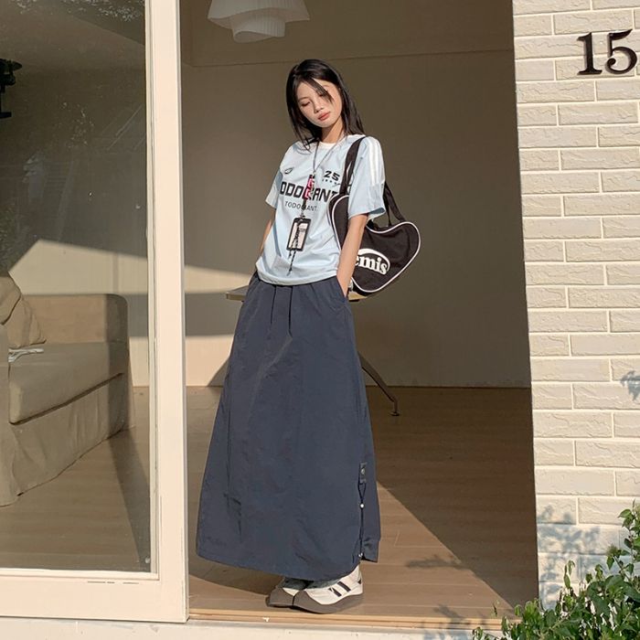 25年春夏新款 甜辣休闲慵懒松紧腰工装过膝伞裙抽绳宽松A字裙女