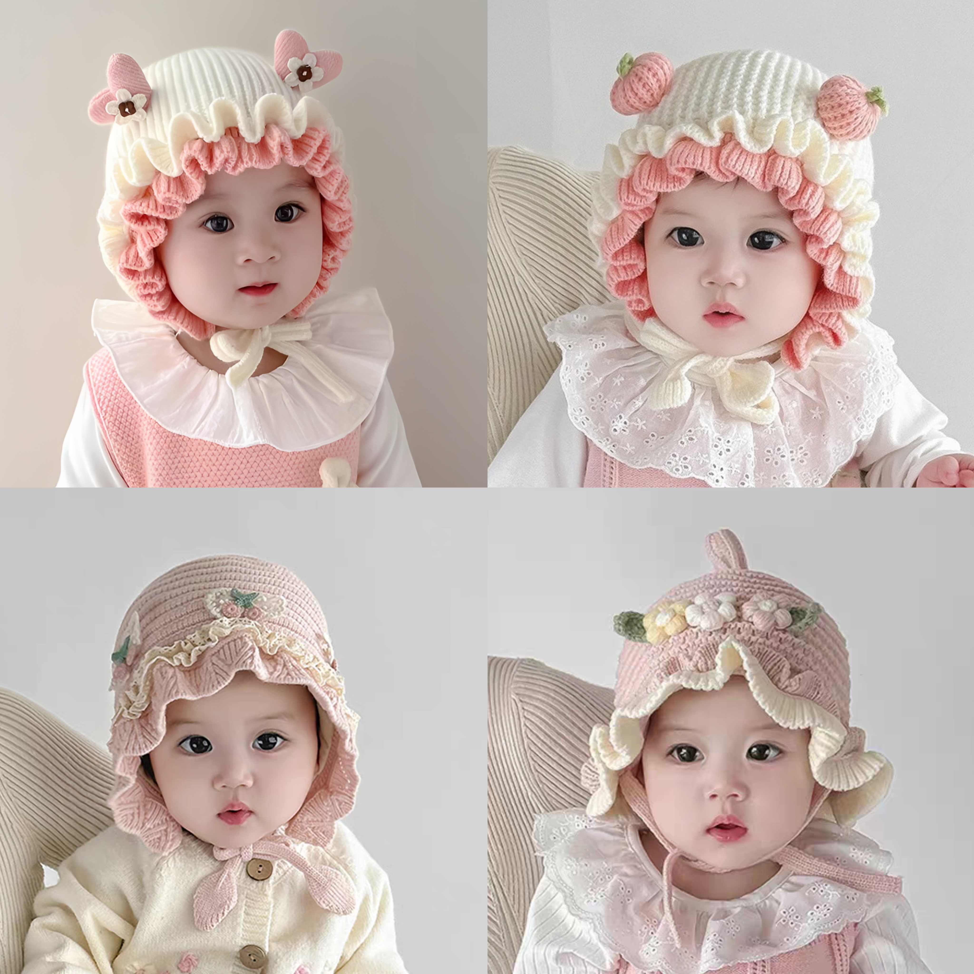 女宝宝帽子秋冬毛线帽婴儿冬天加厚保暖公主女童花边护耳帽婴幼儿