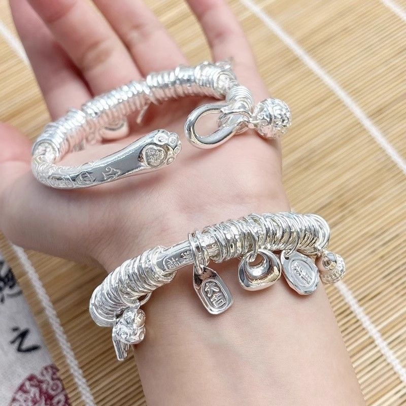 足银手镯 小胖福招财猫盘缠手镯足银999七夕情人节礼物送女朋友