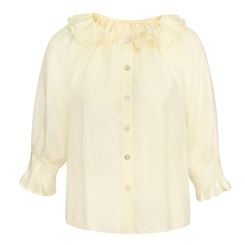 JUNGLE ME圆领荷叶边薄款减龄秋季中长款法式木耳边衬衫中袖