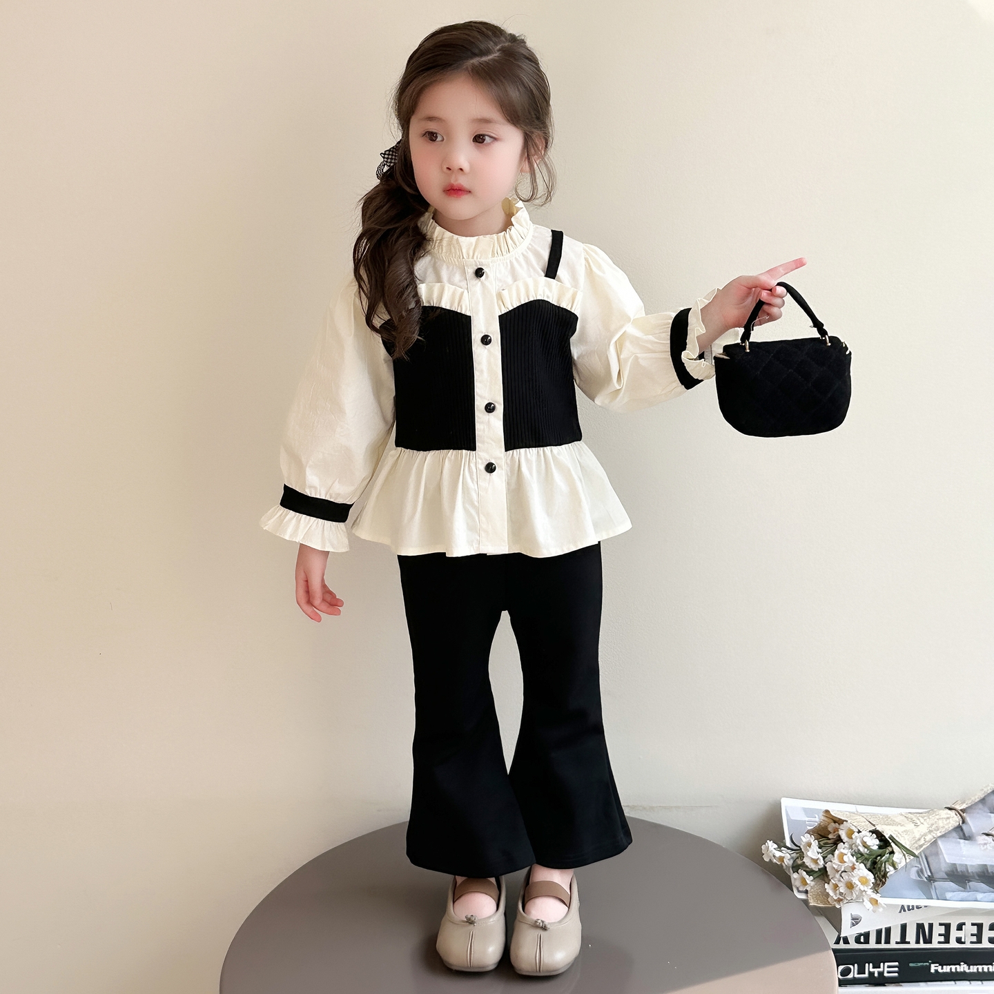 女童赫本风套装2025春秋新款宝宝假两件衬衫喇叭裤两件套儿童秋装