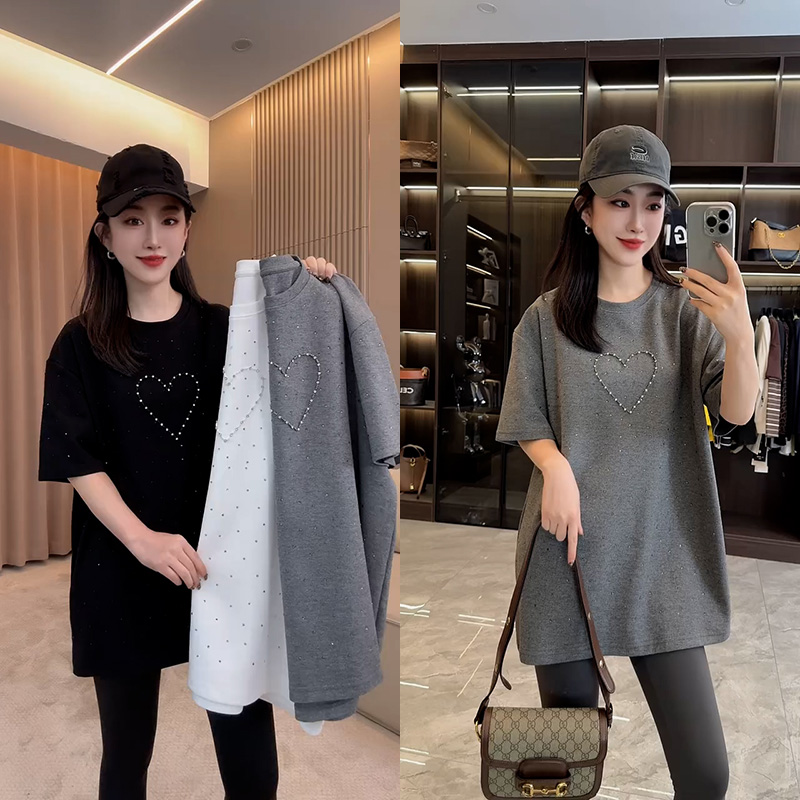 宽松短袖T恤女爱心钻饰中长款洋气减龄上衣2025秋冬新款韩版大衫