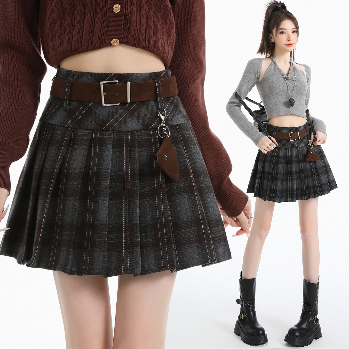 新款复古毛呢格纹百褶半身裙女秋冬学院风高腰显瘦防走光a字短裙
