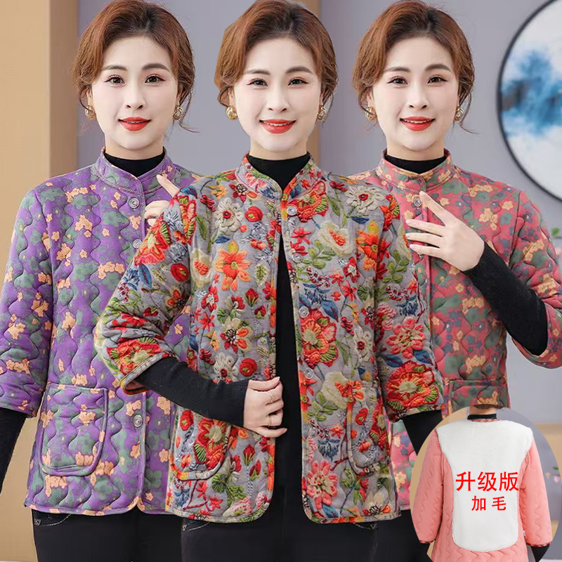 中老年人女士秋冬装格子马甲加绒加厚保暖马夹七分袖棉衣妈妈棉袄