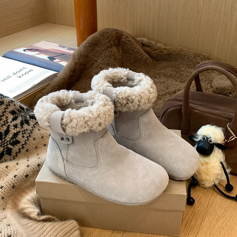复古加绒勃肯靴女2025冬季圆头毛毛短靴平底棉鞋保暖毛绒绒雪地靴