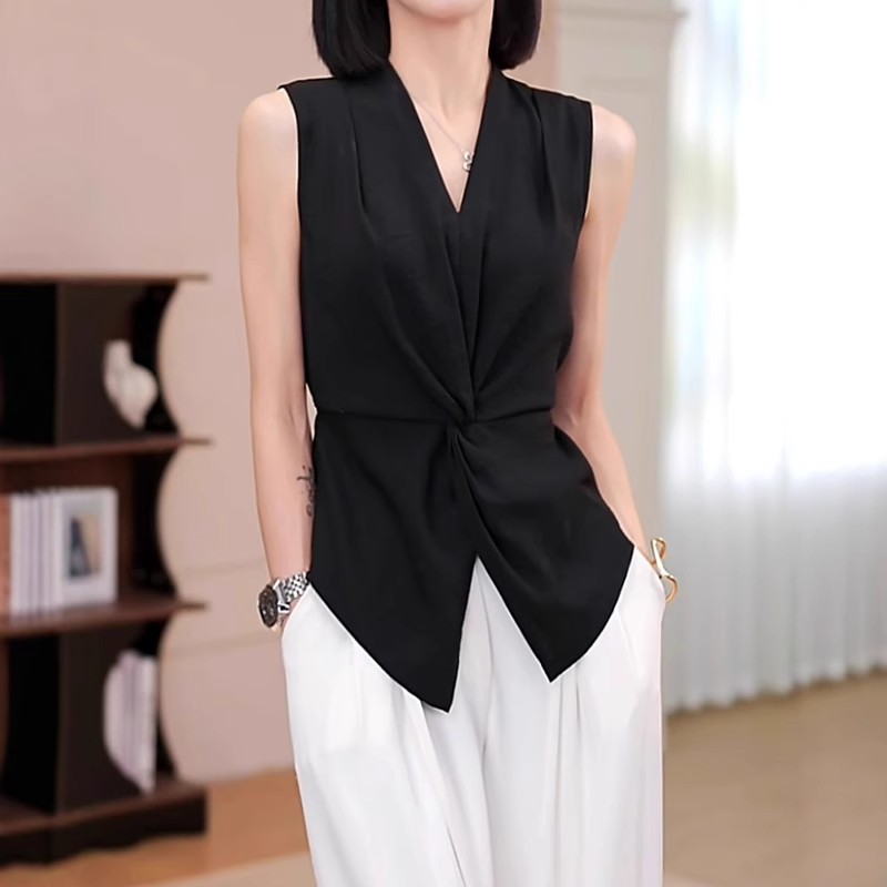 不规则扭结黑色背心夏季薄款胖MM大码女装高级感后背系带无袖上衣