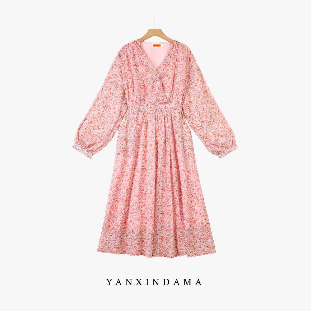 大码女装290斤胖MM法式甜美风印花V领长袖连衣裙1319