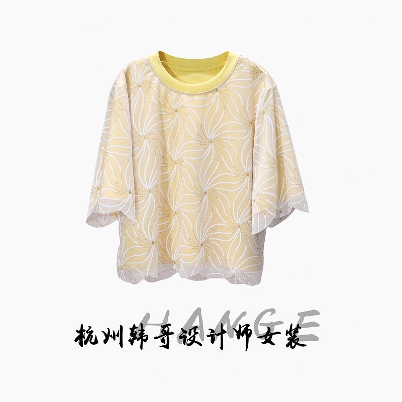 【韩哥女装】2025欧版重工设计鹅黄色蕾丝勾花网纱叠层短袖9070-B6