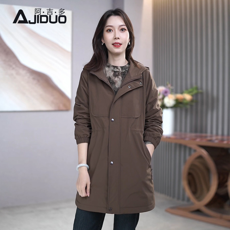 A32890阿吉多中长款棉服女士秋冬新款保暖时尚棉衣老钱风宽松外套
