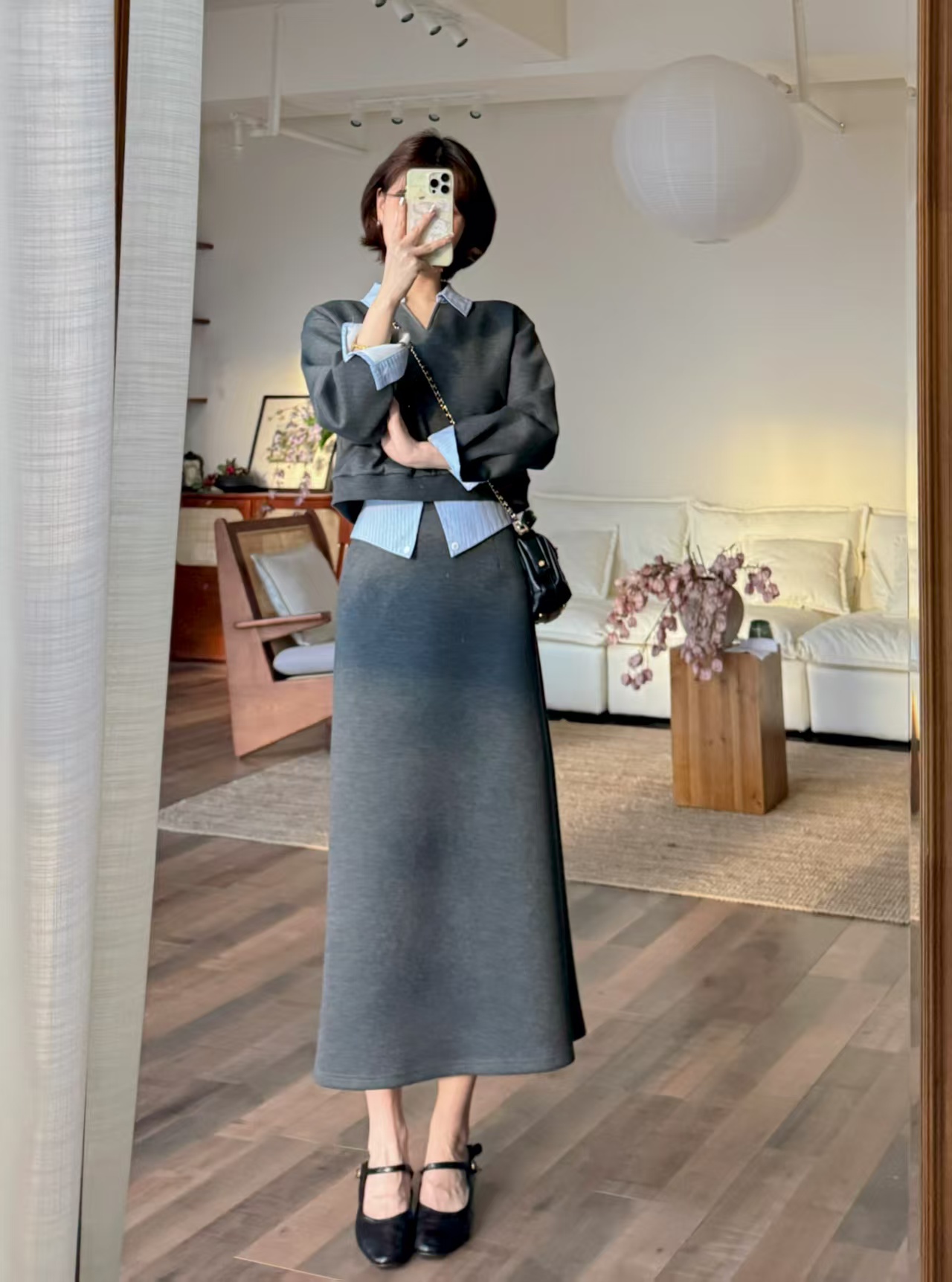 蕾英俊-塞纳湖畔-秋季假两件通勤日常上衣+修身高级灰半裙JF6580M