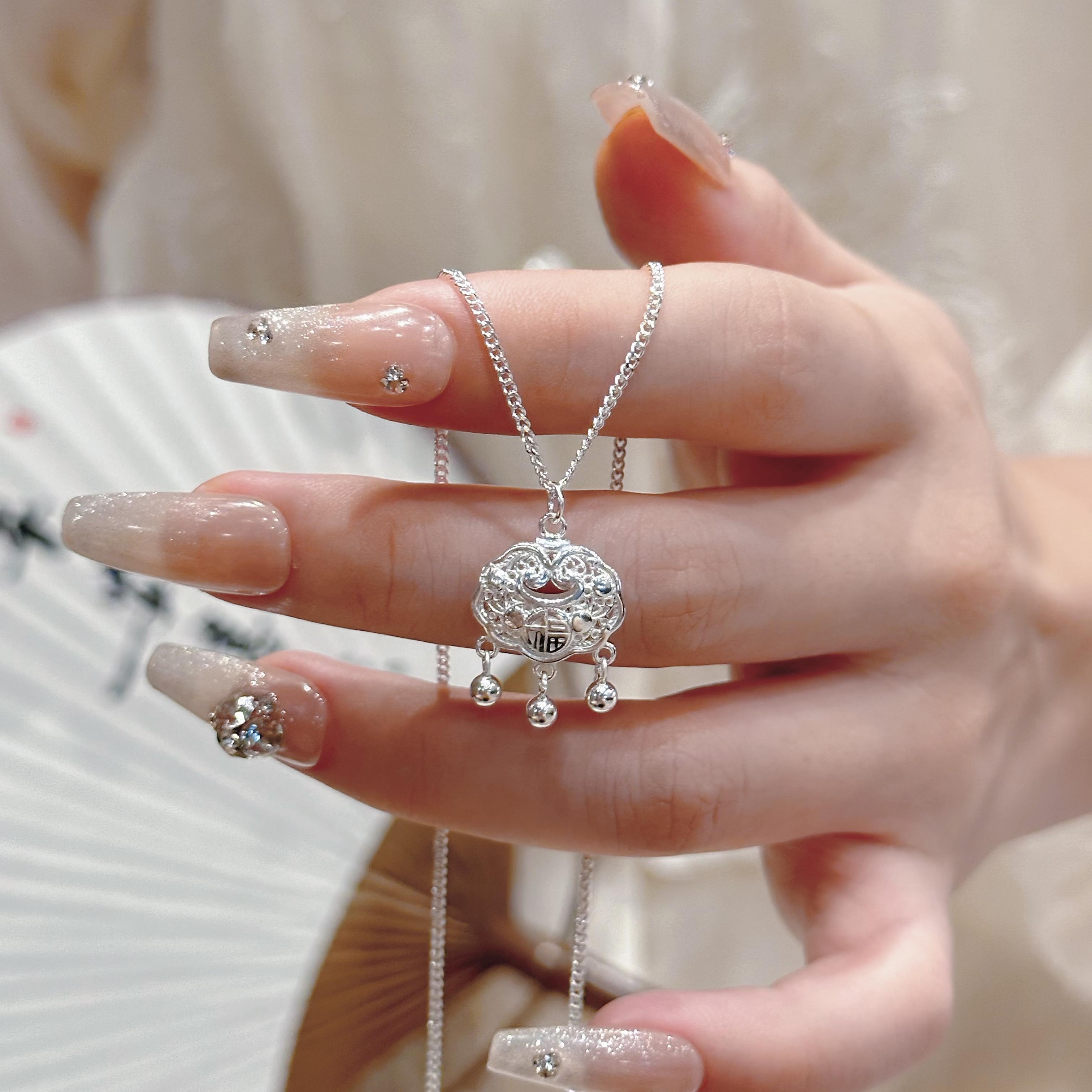 坠链均足银 新中式福字平安锁项链国风富贵长命锁锁骨链