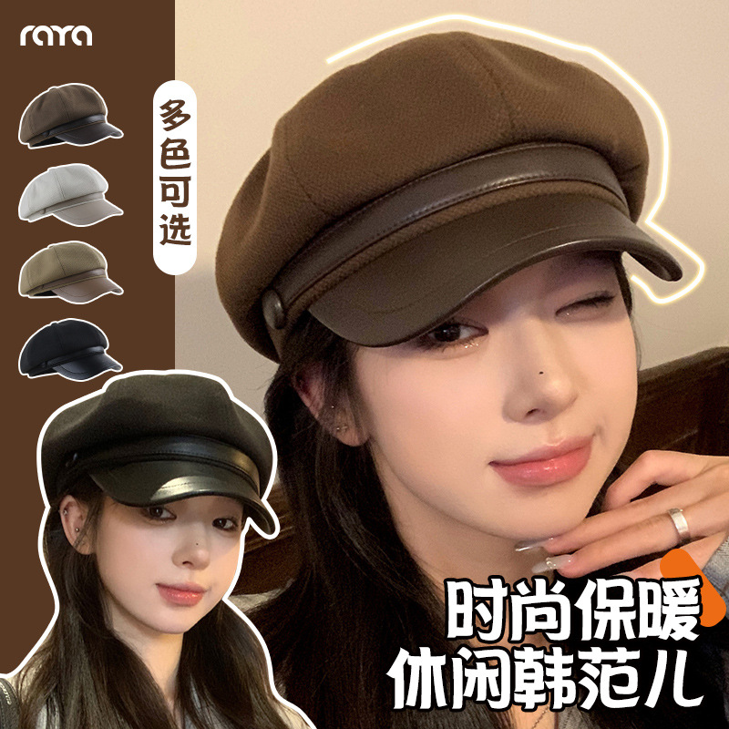 八角贝雷帽子女秋冬新款大头围显脸小鸭舌帽网红英伦风复古报童帽