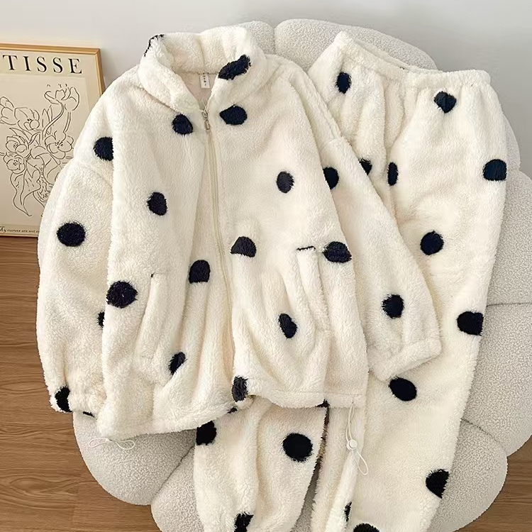 黑色圆点拉链珊瑚绒加绒加厚睡衣秋冬季女款爆款2025新款长袖长裤