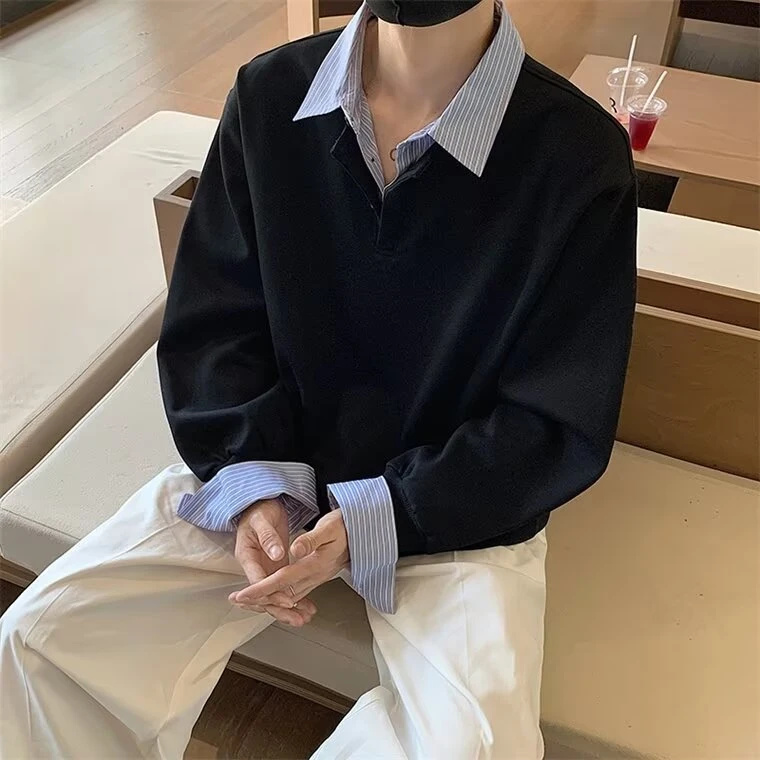 假两件衬衫领卫衣男春季韩系穿搭polo外套学院风亨利领长袖上衣服