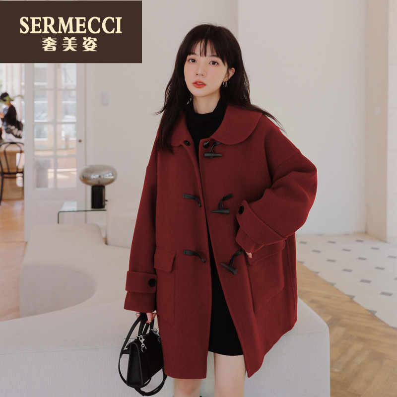 奢美姿高级感时尚酒红色毛呢外套女秋冬2025新款小个子大衣