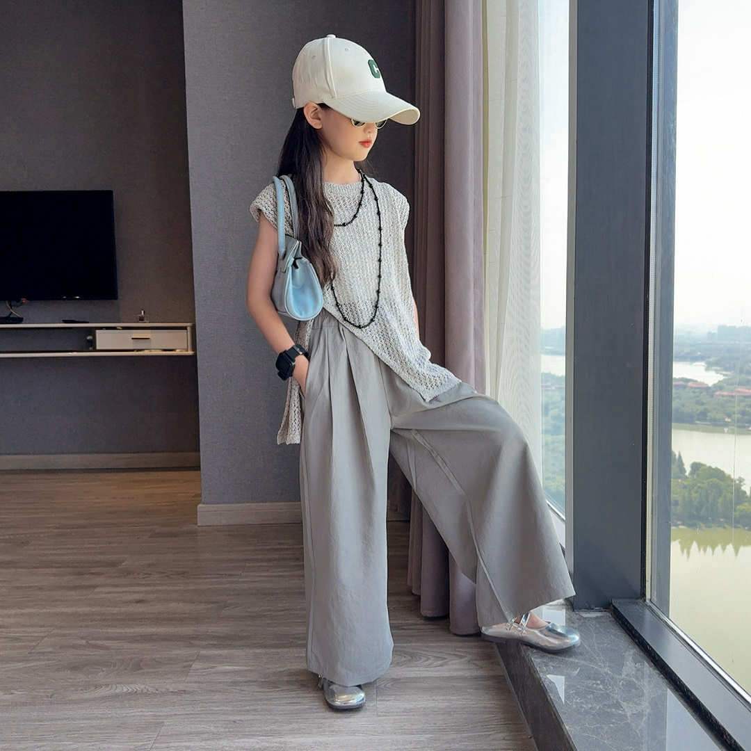 女童夏季套装2025新款中大童女孩洋气镂空上衣直筒九分裤两件套夏