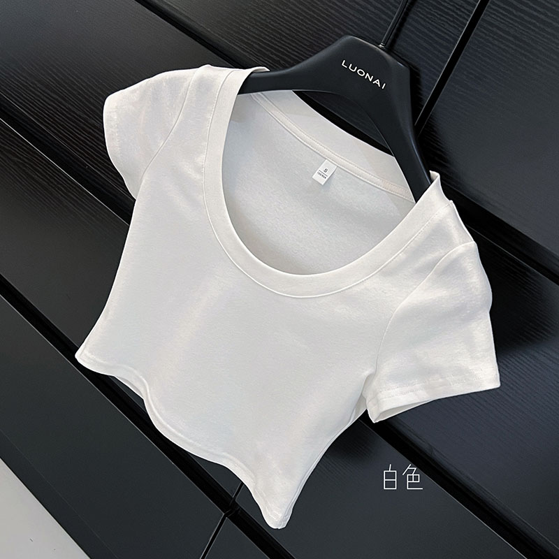 辣妹正肩短袖U领短款T恤女夏季修身露脐高腰半袖体恤弹性内搭上衣