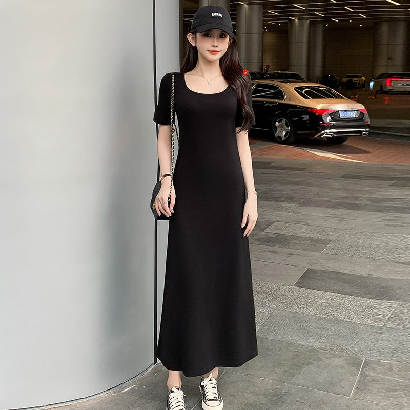 流行时尚潮牌女装时尚宽松休闲慵懒显瘦长款a字小黑裙短袖连衣裙