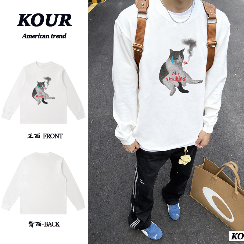禁止吸烟小猫重磅纯棉上衣宽松百搭长袖T恤美式高街复古打底衫ins