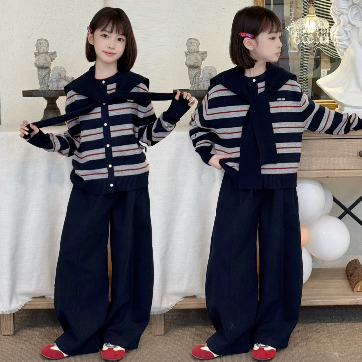 女童套装秋装2025新款儿童学院风针织外套女孩春秋季弯刀裤两件套